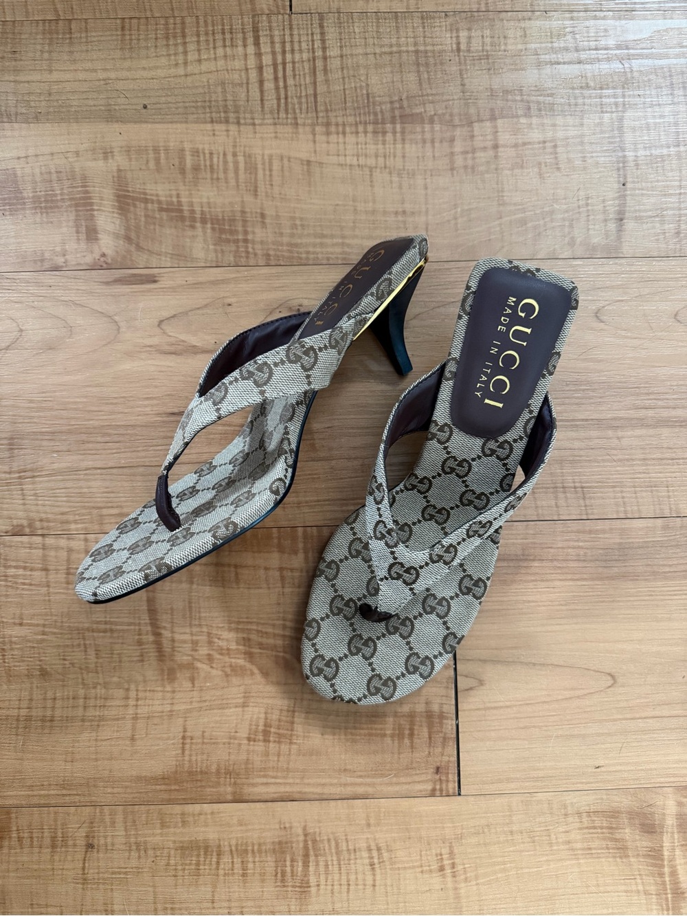 GG Vittoria Canvas Monogram Kitten Heel Thong Sandals